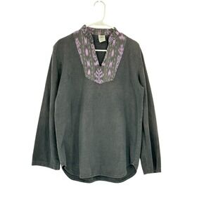 Deva Cottage Industry Pullover Top V-Neck Long Sleeve Gray‎ Purple Ikat M